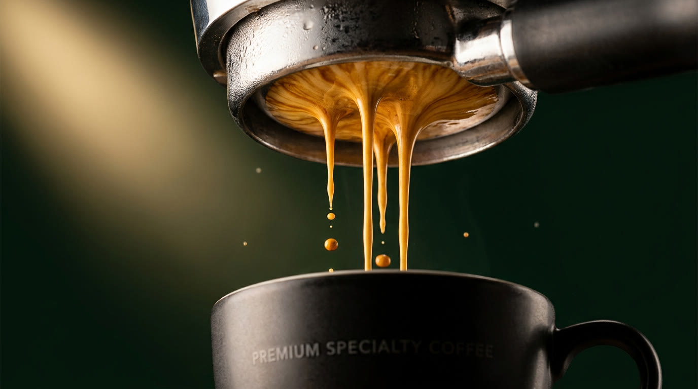 Espresso extracting from a bottomless portafilter at a Spokane event — golden crema ribbons against a dark backdrop